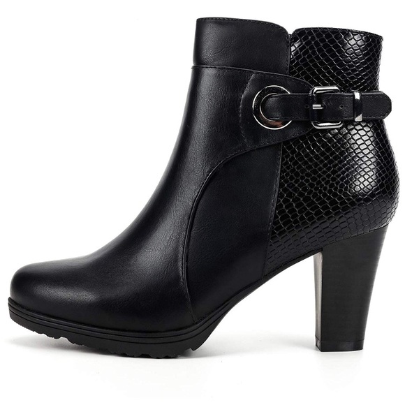 Mixed Snake- Black Bootie Chunky Heel Buckle Strap Ankle - Picture 4 of 11
